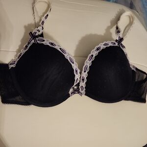 Chic Black Bra with White and Purple Lace Accents